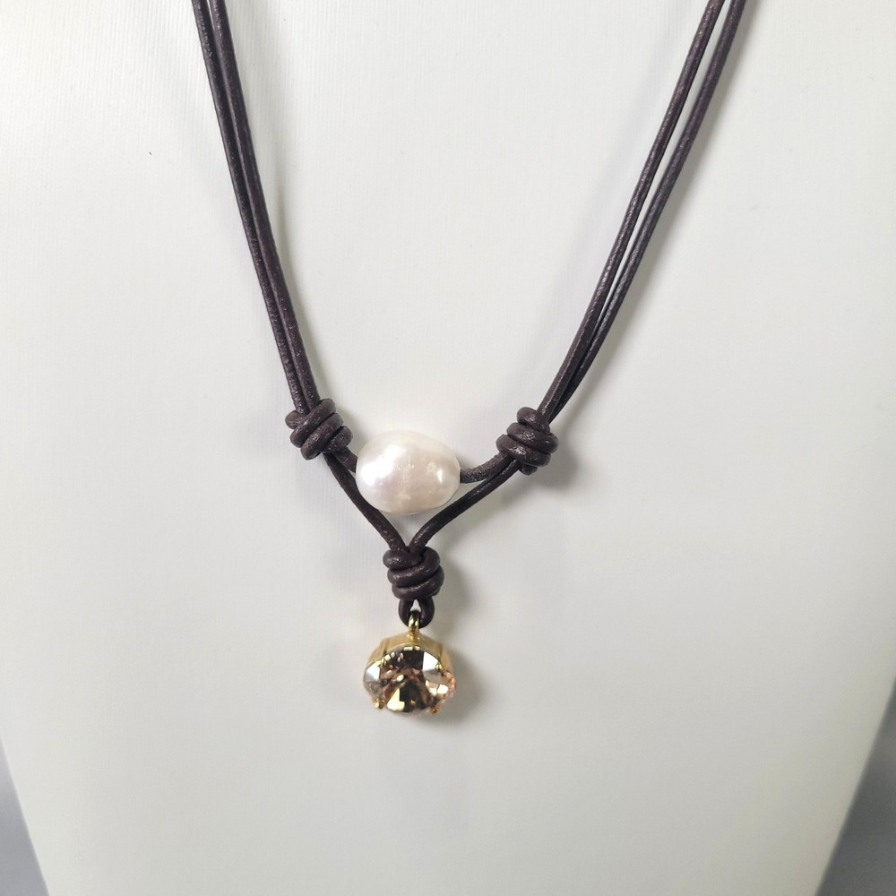 Swarovski Leather Band Necklace Women Brown Pearl Crystal Boho Pendant